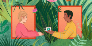 A colourful illustration featuring a jungle background, with a man on the right handing a woman on the left a mug emblazoned with a drawing of a globe.